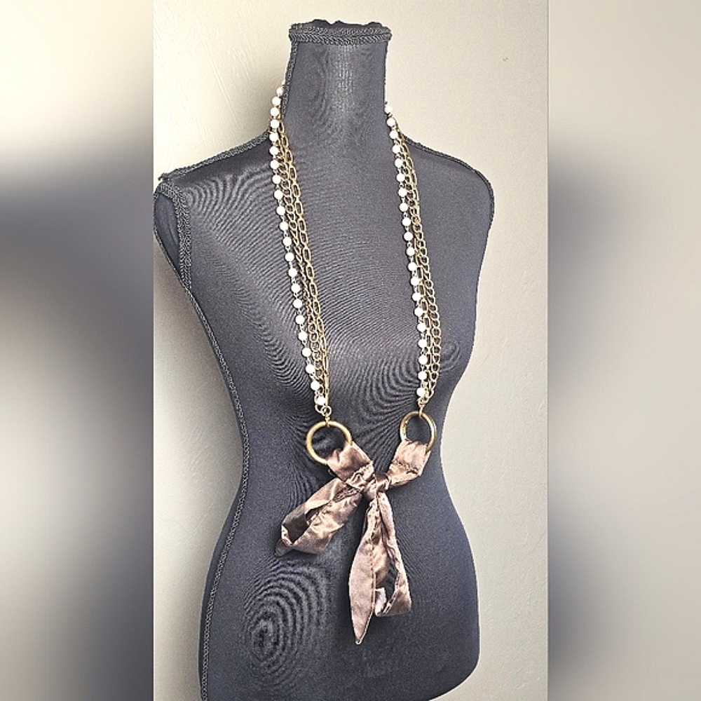 [AEO] Vintage Women's Belt OR Necklace ⭐️ Chain & Pearl Brown Ribbon Loop Tie - Picture 2 of 16